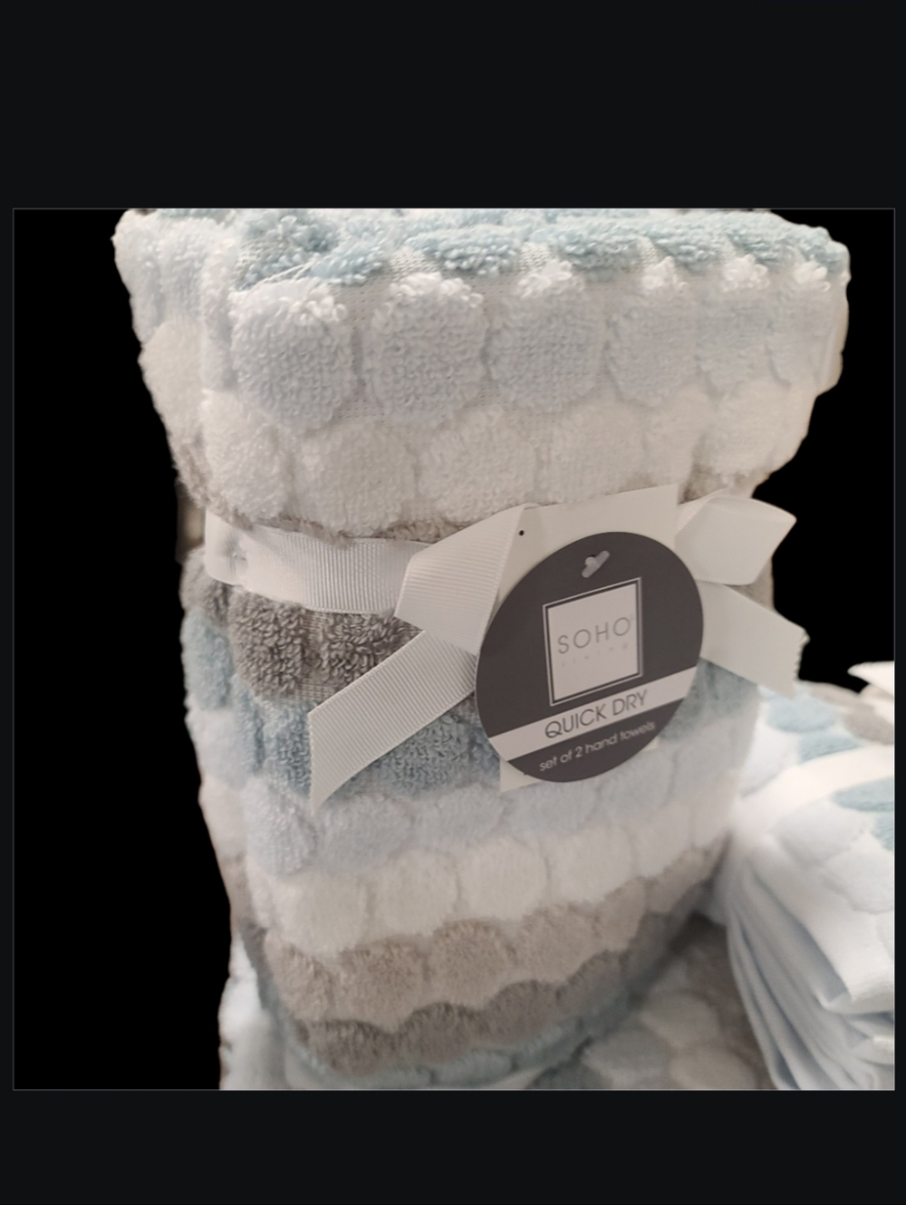 8pc Soho Living Bath Hand Washcloth Towel Set Striped Dot Blue Gray White New - Picture 2 of 7